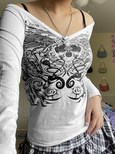 Top blanco de manga larga con estampado de detalles de diamantes de imitación